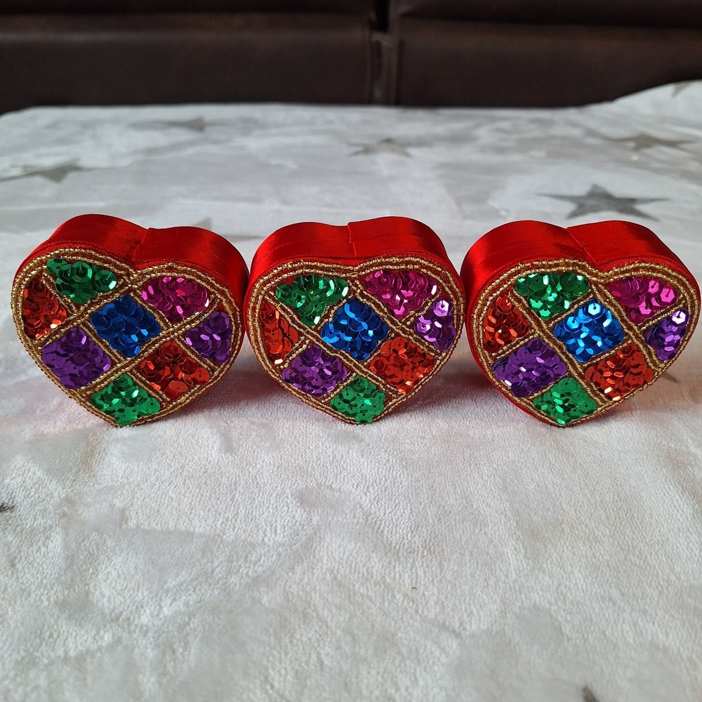 Vintage Set of 3 Small Sequined Satin Multicolor Heart Box Jewelry Trinket